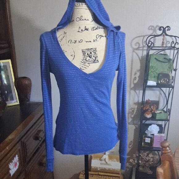 Unionbay Blue Silver Striped Hooded Women's Top - Size Large - Picture 2 of 16